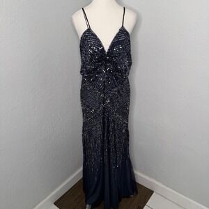 Adrianna Papell Navy Blue Sequin Beaded Blouson Gown Maxi Dress Size 12 Formal